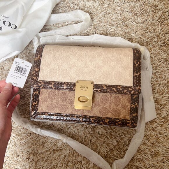 Coach Hutton Shoulder Bag In Blocked Signature Canvas With Snakeskin Detail - Picture 11 of 13